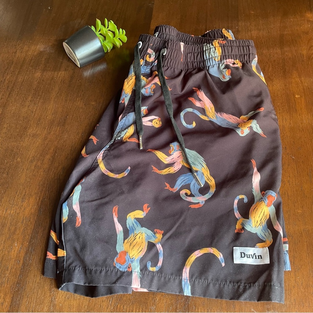 Duvin Men’s Brown Swim Board Shorts with Multicolor Monkey Print